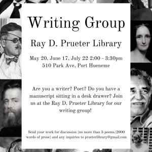 Writing Group @ Prueter Library: A collage of several writers, with a call for writers to submit work for participation in a writing group
