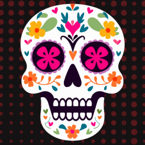 A sugar skull with a dot background