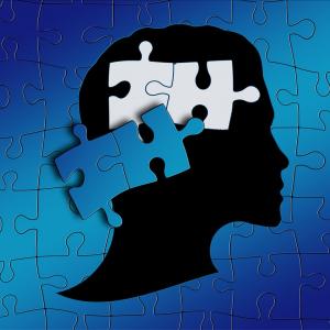 blue puzzle pieces scattered over outline of a person's head