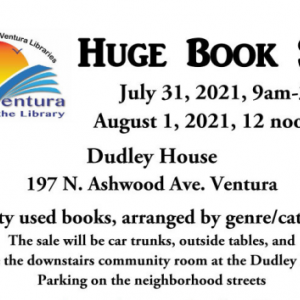 Huge Book Sale by the Ventura Friends of the Library, shows their logo 