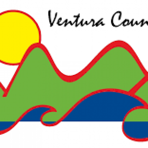 Green rolling hills, blue waves, and a yellow sun with the text: Ventura County Library