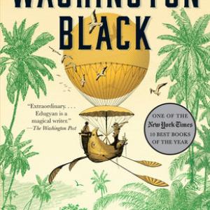 book cover for the novel washington black. Depicts a lush jungle and two people standing in a hot air balloon attached to a boat.