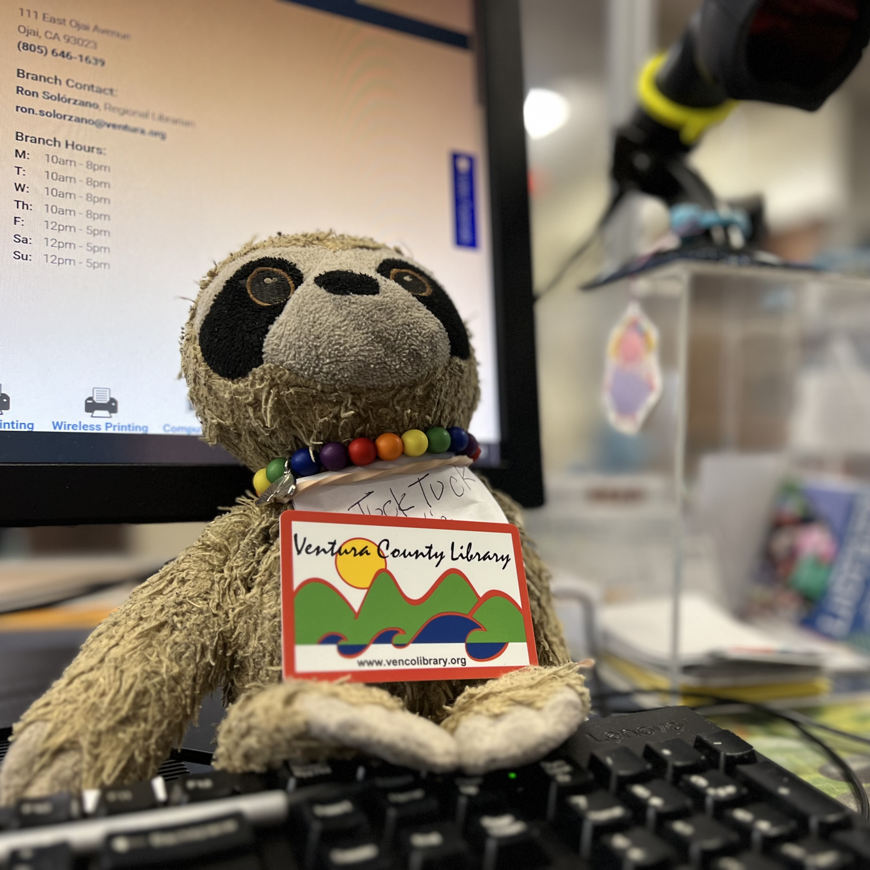 stuffed animal sloth at computer holding a library card