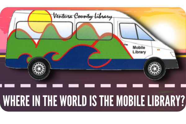 graphic of the VCL Mobile Library at sunset with the words - Where in the world is the Mobile Library?